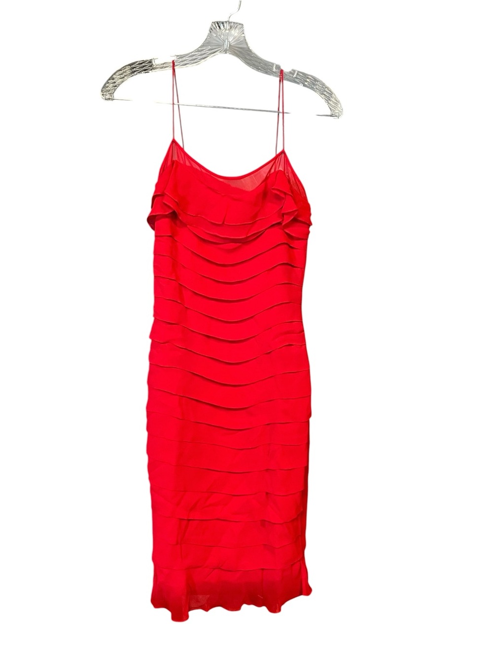 Gilar 100% Silk Red Tiered Ruffle Midi Dress Size 2 Cocktail Party Wedding Guest
